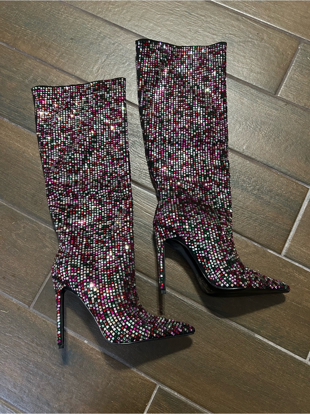 Knee-High Pointed Stiletto Boots in Multicolor Rhinestone